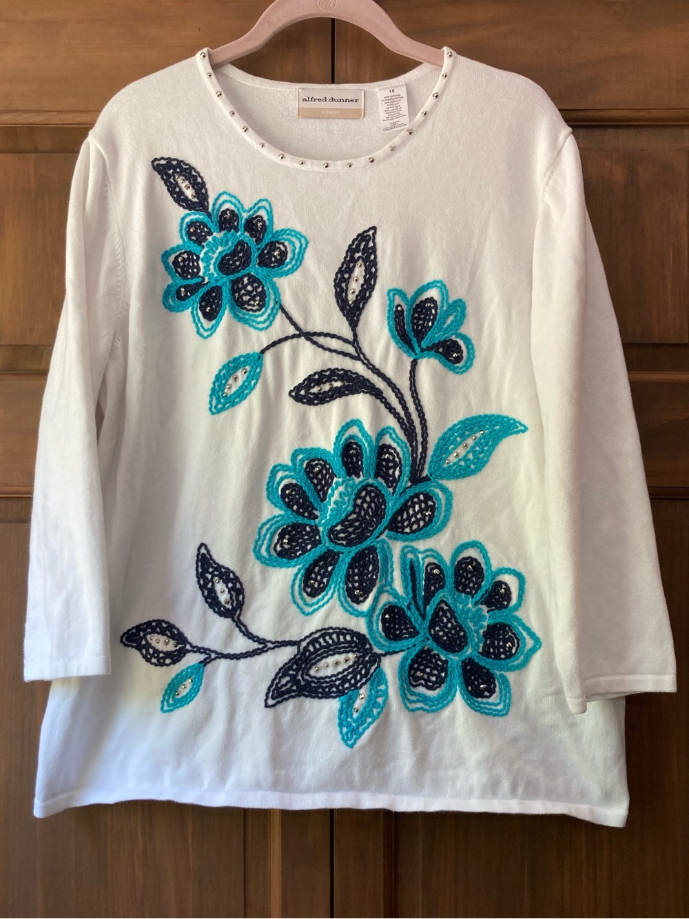 Alfred Dunner White & Blue Floral 3/4 Sleeve Top 1X